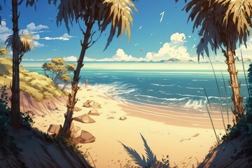 Beautiful beach with palm trees. Digital art. Illustration painting. Blue sea with big sky. Big shore. Generative AI.