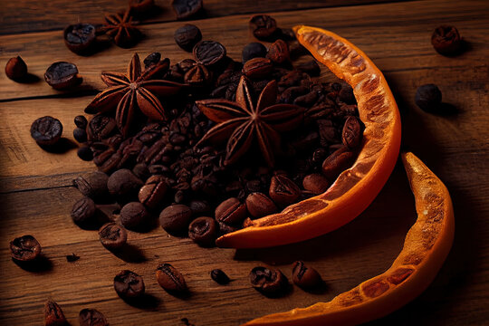 Awesome Fried black coffee beans, located in the shape of the moon, and anise like stars on a wooden background. Generative Ai