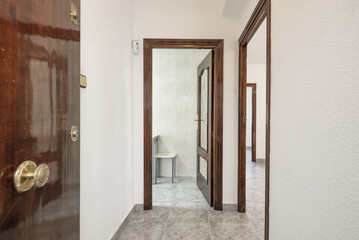 Entrance hall of a house with a dark wood access door to match the rest of the doors