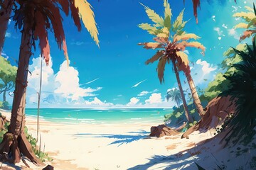 Obraz na płótnie Canvas Beautiful beach with palm trees. Digital art. Illustration painting. Blue sea with big sky. Generative AI.
