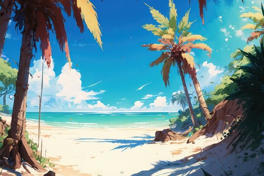 Beautiful beach with palm trees. Digital art. Illustration painting. Blue sea with big sky. Generative AI.