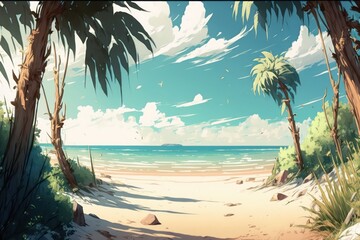 Beautiful beach with palm trees. Digital art. Illustration painting. Blue sea. Generative AI.