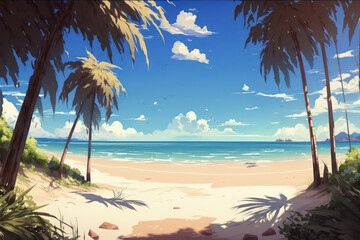 Fototapeta na wymiar Beautiful beach with palm trees. Digital art. Illustration painting. Generative AI.
