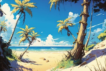 Beautiful beach with palm trees. Digital art. Illustration painting. Generative AI.