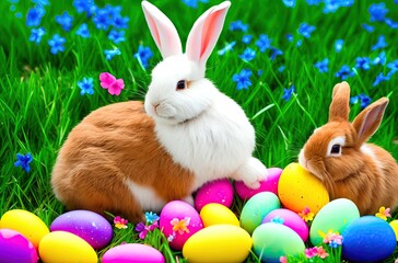 Conejo de pascuas, huevos coloridos, ilustración generada con IA