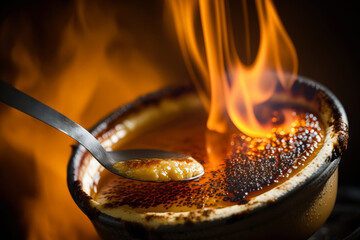 A close up of a crème brûlée being torched, with the caramelized sugar cracking under the heat - Generative AI
