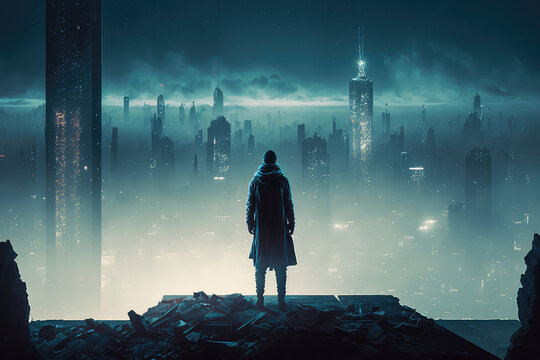 a man standing on the rooftop of a crumbling skyscraper, looking out at the city lights (ai generated)