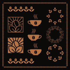 Coffee and beans vector icons collection. Big set of eco natural coffee ellements. Frames and logo ellements for cafe business.