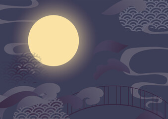 Night sky with clouds and full moon illustration for chinese valentine Qixi festival.
