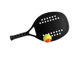 Black professional beach tennis racket and ball on white background. Horizontal sport theme poster,...
