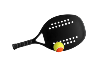 Black professional beach tennis racket and ball on white background. Horizontal sport theme poster, greeting cards, headers, website and app
