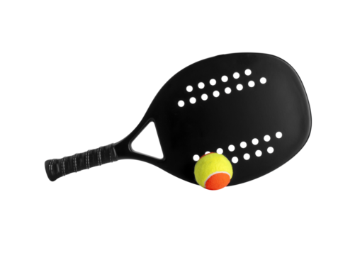 Black professional beach tennis racket and ball on white background. Horizontal sport theme poster, greeting cards, headers, website and app
