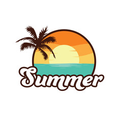 Fototapeta na wymiar Summer trip logo design. Island landscape tropical logo. Palm, sun and ocean travel logotype.
