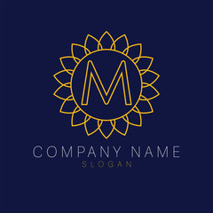 M letter logo design. Sunflower with letter logotype. Luxury floral logo.