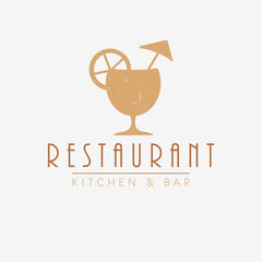 Restaurant kitchen and bar logo design. Cocktail, orange slice and umbrella modern logotype. Luxury cafe logo.