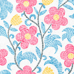 Cute seamless floral pattern. Embroidered ornament in bohemian style. Print for home decor, textiles. Grunge vintage texture. Vector illustration.