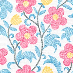 Fotobehang Stijlen patronen Cute seamless floral pattern. Embroidered ornament in bohemian style. Print for home decor, textiles. Grunge vintage texture. Vector illustration.  © flovie