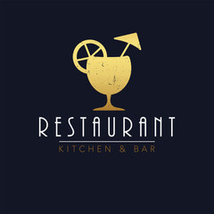 Restaurant kitchen and bar logo design. Cocktail, orange slice and umbrella modern logotype. Luxury cafe logo.