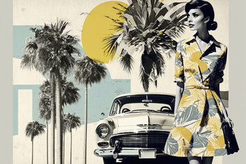 Young woman wearing 50s style dress. Travel collage retro car. Generative AI © LiliGraphie