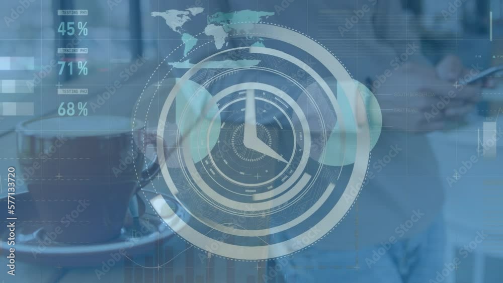 Poster animation of clock and data processing over biracial man using smartphone