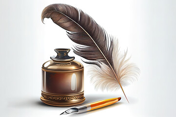 Feather quill pen and glass inkwell isolated on a white background. Generative Ai - obrazy, fototapety, plakaty