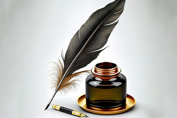 Feather quill pen and glass inkwell isolated on a white background. Generative Ai