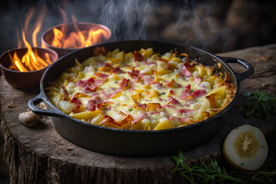 A tartiflette, a dish from the French Alps made with potatoes, bacon, onions, and reblochon cheese, served in a cast-iron skillet - Generative AI