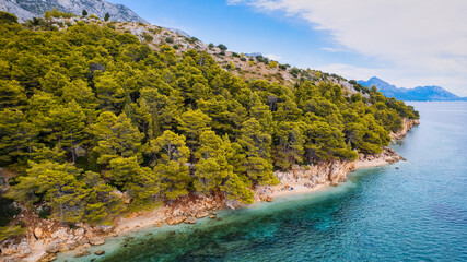 A drone captured the stunning aerial view of Croatia's coastal area, which features crystal-clear blue water and lush forests on land.