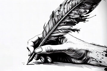 A hand in business suit holding writing with a quill feather antique pen. Generative Ai