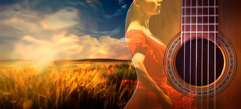 Dise&ntilde;o de m&uacute;sica flamenca. Fondo de la m&uacute;sica gitana tradicional espa&ntilde;ola. Guitarra espa&ntilde;ola y bailaora de flamenco.