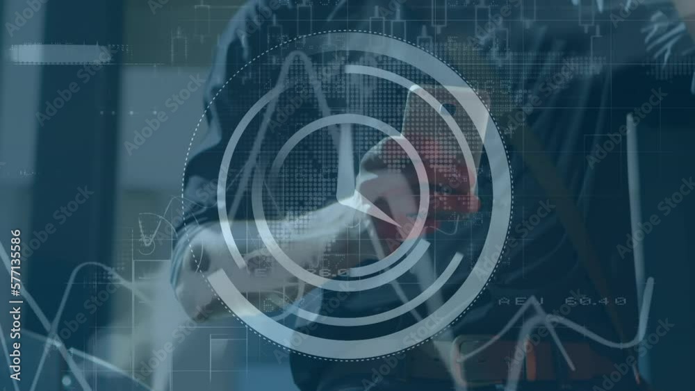Poster animation of clock and data processing over biracial man using smartphone