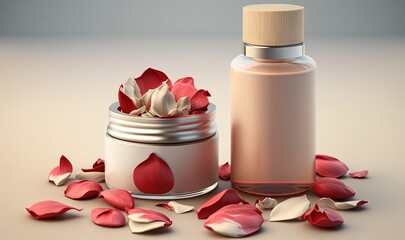  a bottle of rose petals next to a jar of rose petals on a table with petals on the ground and petals on the ground around the jar.  generative ai