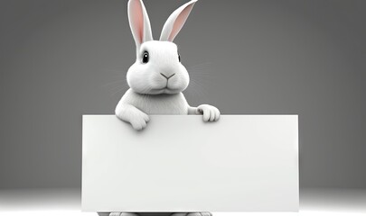  a white rabbit holding a blank sign on a gray and white background with copy space for your text or image or image, 3d rendering.  generative ai