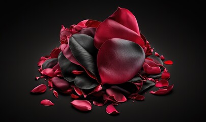  a pile of petals on a black background with red petals on the petals and petals on the petals of the petals are red and black.  generative ai