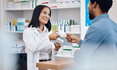 Pharmacy product, customer and happy woman help man with pills choice, supplements decision or...