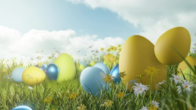 Decoration Easter eggs in a glass meadow filled with flowers a spring time. 