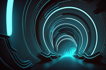 Cyberspace neon tunnel. Glowing neon perspective. Cyberpunk Generative AI illustration. Bright neon stripes.