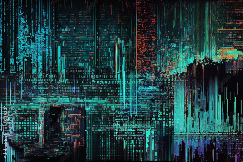 Wall mural glitch data with code technology background - generative ai illustration
