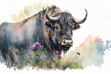Watercolor painting of a peaceful gnu in a colorful flower field. Ideal for art print, greeting card, springtime concepts etc. Made with generative AI.  - obrazy, fototapety, plakaty
