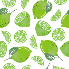 Seamless lime pattern. Fruit vector background with citrus slices.