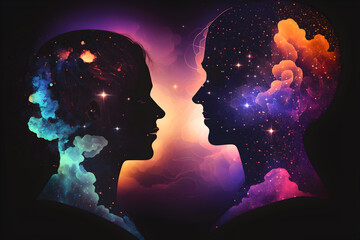 Man and woman silhouettes at abstract cosmic background. Human souls couple in love generative ai