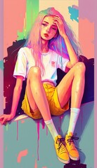 Abstract neon watercolor dream girl with long legs, wide hips, cute lips, AI generated