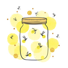 Jar with cute fireflies. Hand drawn vector romantic illustration