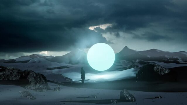 A figure watching a growing blue sphere in a strange dark landscape.