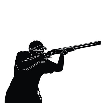 Trap shooting, aiming athlete with gun, isolated vector silhouette. Ink drawing