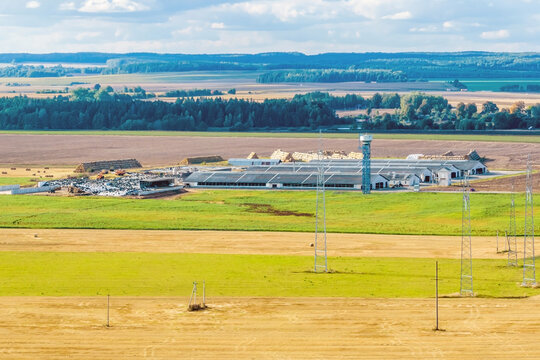 aerial view of rows of agro farms with silos and agro-industrial livestock complex
