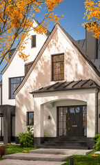 3d rendering of cute cozy white and black modern Tudor style house with parking  and pool for sale or rent with beautiful landscaping. Fairy roofs. Clear sunny autumn day with golden leaves anywhere