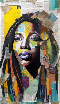 Modern collage art of black female face with colored stripes and other elements, pop culture, AI generated
