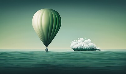  a hot air balloon flying over the ocean next to an iceberg in the distance with a small boat in the water below it and an iceberg in the distance.  generative ai