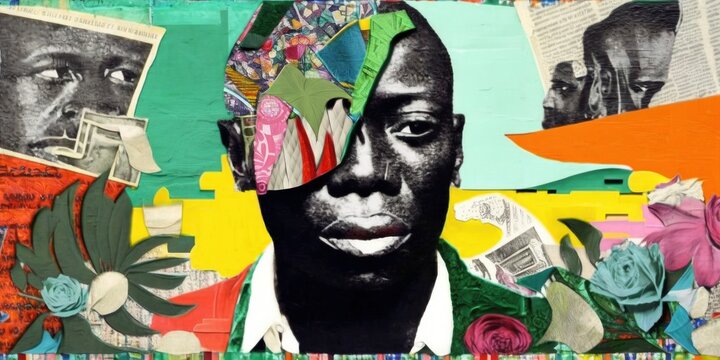 Modern collage art of black male face with colored stripes and other elements, pop culture, AI generated